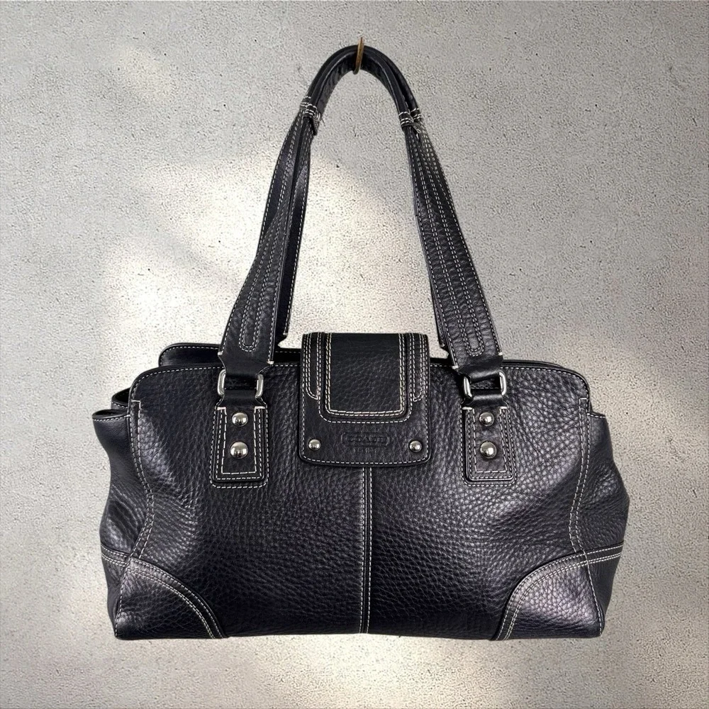 Coach Hampton Black Pebbled Leather Satchel Bag F13961 Turnlock